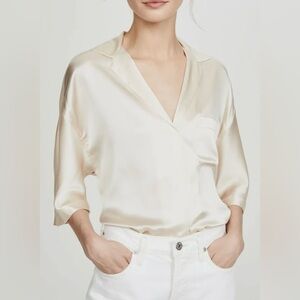 Vince Women’s Satin Silk Pajama Shirt Blouse Pale Alder Cream *read for size*